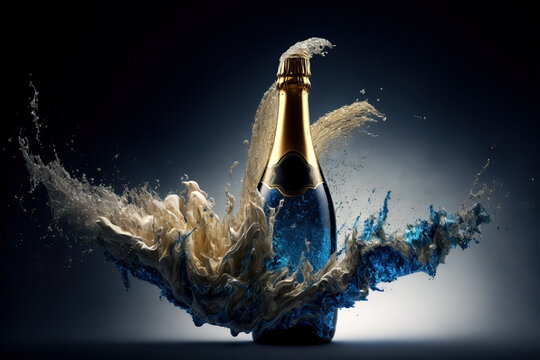 blue bottle of champagne with splash of water, ai generated