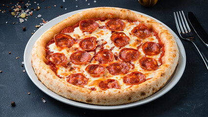Italian Pepperoni pizza with mozzarella, tomato sauce on a thick dough.