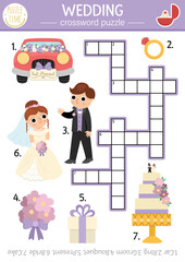 Vector wedding crossword puzzle for kids. Simple marriage ceremony quiz for children. Matrimony educational activity with bride and groom. Family holiday cross word with traditional symbols.