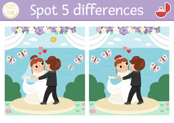 Find differences game for children. Wedding educational activity with cute married couple. Marriage ceremony puzzle for kids with funny dancing bride and groom. Printable worksheet or page.
