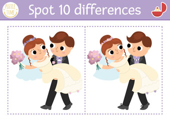 Find differences game for children. Wedding educational activity with cute married couple. Marriage ceremony puzzle for kids with groom carrying his bride. Printable worksheet or page.