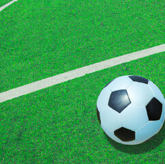 Fototapeta premium Soccer ball on green grass field ariel view with Generative AI