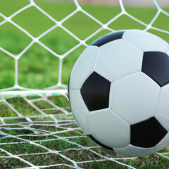 Soccer ball in net mesh closeup with Generative AI