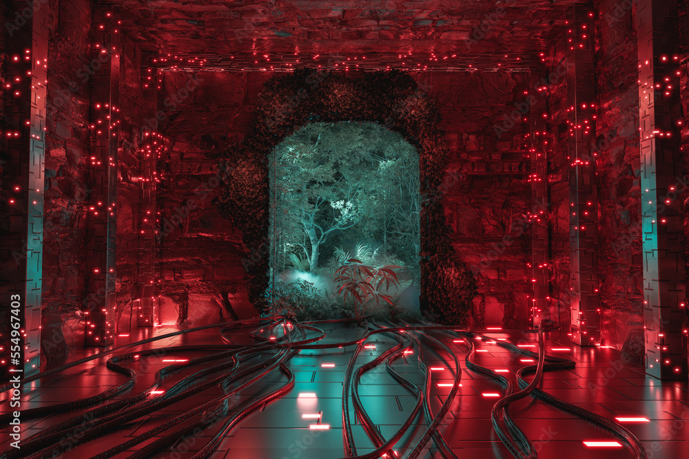 Poster 3d rendering of sci-fi room with futuristic columns in front of arch door covered by jungle trees
