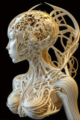 A cyborg woman, with wires from her body.