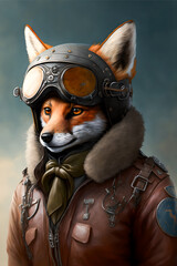 A sly fox in pilot's clothes, wearing a helmet.