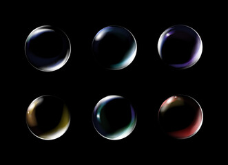 Realistic transparent soap bubbles with rainbow reflection. Isolated set composition