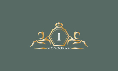 Floral monogram with alphabet letter I. Logo for company brand, business icon design template