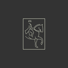 rider man on horse at dressage competition equestrian dressage - vector line art, isolated on background.
