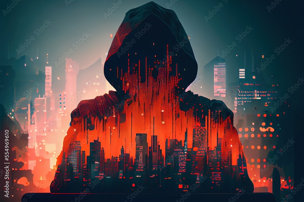 Wall mural hacker in city with matrix text