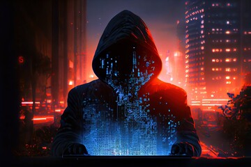hacker in city with matrix text - obrazy, fototapety, plakaty