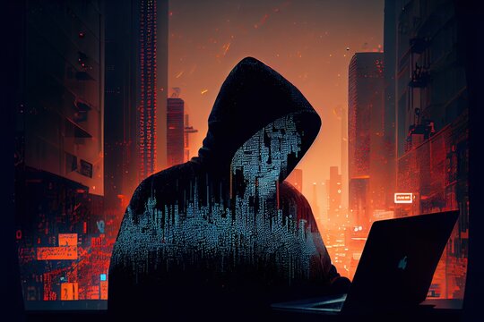 hacker in city with matrix text