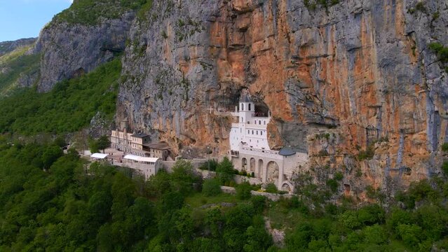 Aerial shot of the Ostrog Monastery or Monasterio de Ostrog in Montenegro. It is an important Orthodox religion center in Balkans