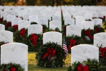 Wreaths Across America laid out on each headstone at an American military veterans cemetery © Margo