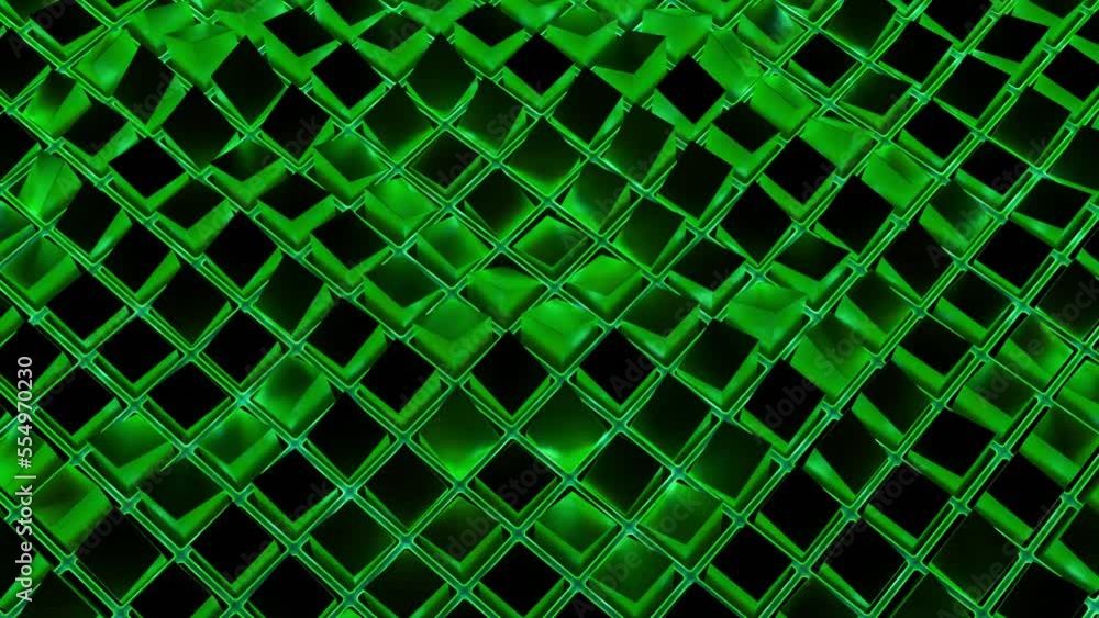 Poster square mesh with waves and glitter. action. grid of squares moves in waves on black background. virt