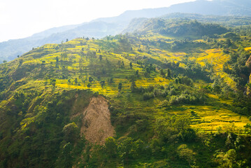 Farm terraces in the himalayan moutains on the Annapurna Circuit Trek, Nepal