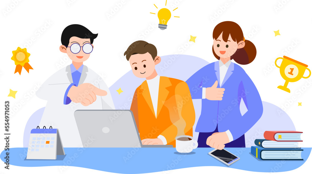 Poster team working on a project in the office with elements. group of people working to success.vector ill