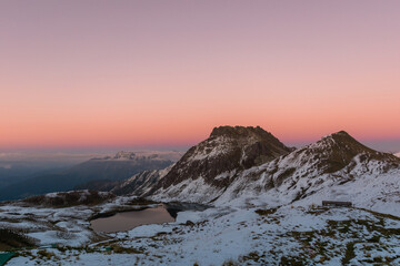 sunrise over the snowy mountains during spring (Tilisunasee, Tschagguns, Vorarlberg, Austria)