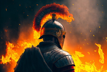 Roman soldier, back turned, fire, flames. Generative AI