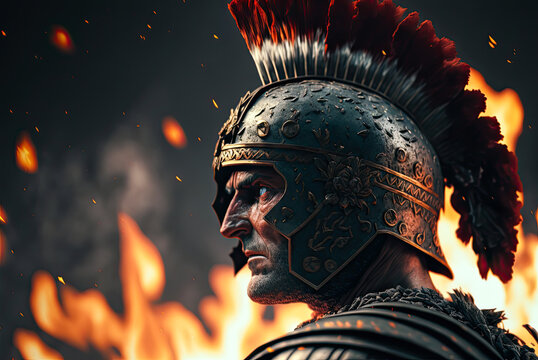 Roman soldier, portrait, fire, flames. Generative AI