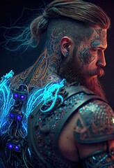 cyberpunk Viking with runes tattoos