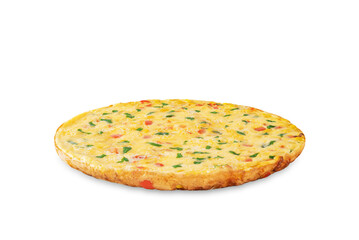 Corn onion red bell pepper omelette on a white isolated background
