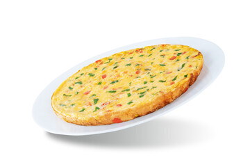 Corn onion red bell pepper omelette on a white isolated background