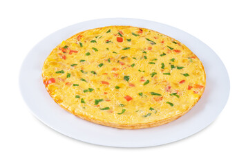 Corn onion red bell pepper omelette on a white isolated background