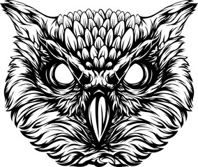 Owl isolated illustration. Black color on white background image. Wild bird design tattoo.