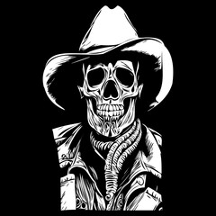 cowboy skulls hand drawing, skeleton skull with cowboy hat  black and white line art