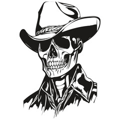 cowboy skulls hand drawing, skeleton skull with cowboy hat  black and white line art