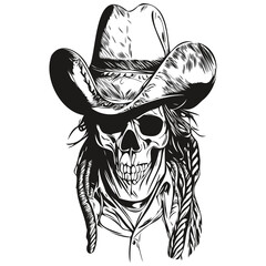 cowboy skulls hand drawing, skeleton skull with cowboy hat  black and white line art