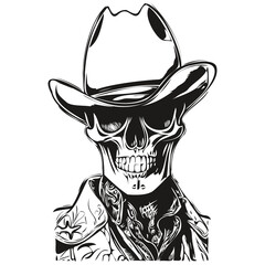 cowboy skulls hand drawing, skeleton skull with cowboy hat  black and white line art