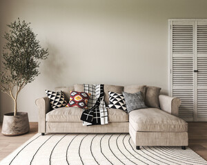 Сlassic beige light interior with furniture. Scandinavian boho style.  3D render illustration. High quality illustration.
