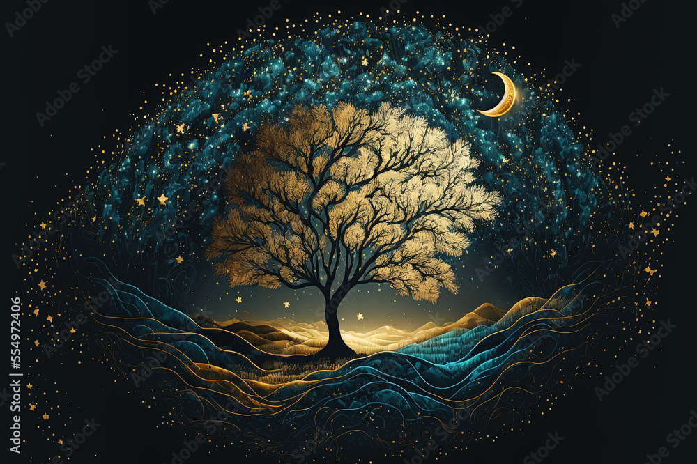 Wall mural golden tree with moon illustration on dark background. mystical forest. generative ai - Wall murals