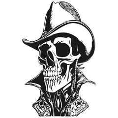 cowboy skulls hand drawing, skeleton skull with cowboy hat  black and white line art