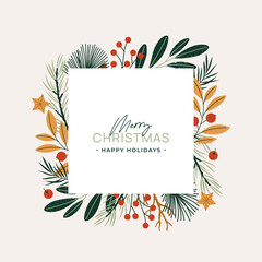 Christmas design template. Pine three branches and berries frame. 