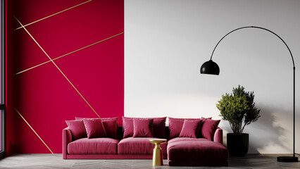 Livingroom in viva magenta 2023 color panton. Blank bright room interior. Design in premium luxury style lounge or hall. Crimson sofa and accent painted wall. Modern large interior design. 3d render 