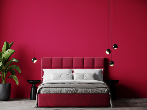 Viva magenta is a trendy color year 2023 panton in the rich bedroom. Painted mockup wall for art and crimson red burgundy colour bed. Mockup modern room design interior home. Accent lamps. 3d render 