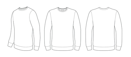 Technical sketch Men's white blank long sleeve shirt sweatshirt template (front-face, back and side-full face angle) vector isolated on white  background mock up shape for your print design.  