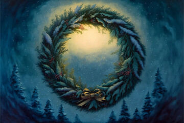 Winter Wreath at Night with Shining Star Holiday Greeting Card Style Painting Generative AI
