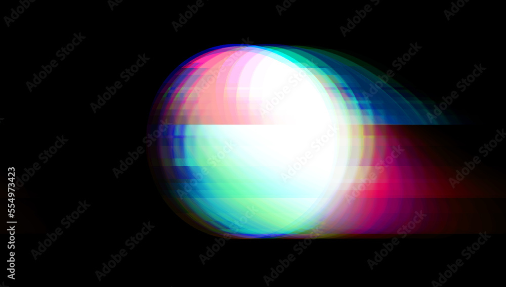 Poster multicolored glitched round geometric shape with noise, scanlines and screensclices on black backgro