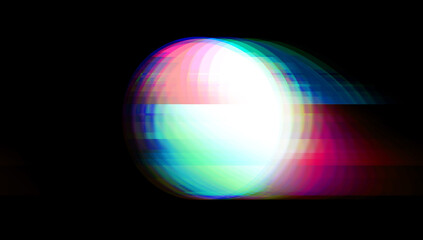 Multicolored glitched round geometric shape with noise, scanlines and screensclices on black background in corrupted graphics style.	