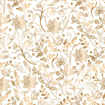 Seamless pattern with gold Christmas elements. Vector.