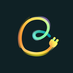 Letter B logo made of curved vivid gradient line with plug icon and rainbow shine.