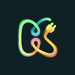 Letter K logo made of curved vivid gradient line with plug icon and rainbow shine.