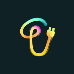 Number one logo made of curved vivid gradient line with plug icon and rainbow shine.