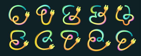 Numbers set made of curved vivid gradient lines with plug icons and rainbow shine.