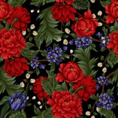 Fototapeten Seamless pattern with red peonies and small flowers. Vector. © Yumeee