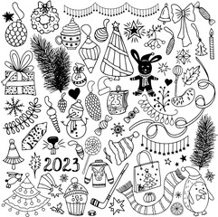 Big set of Christmas design doodle elements. Vector hand drawn outline big set of New Year and Christmas toys, garlands, mouses, candy, snowflake, holly berry, Christmas trees, lettering and other.